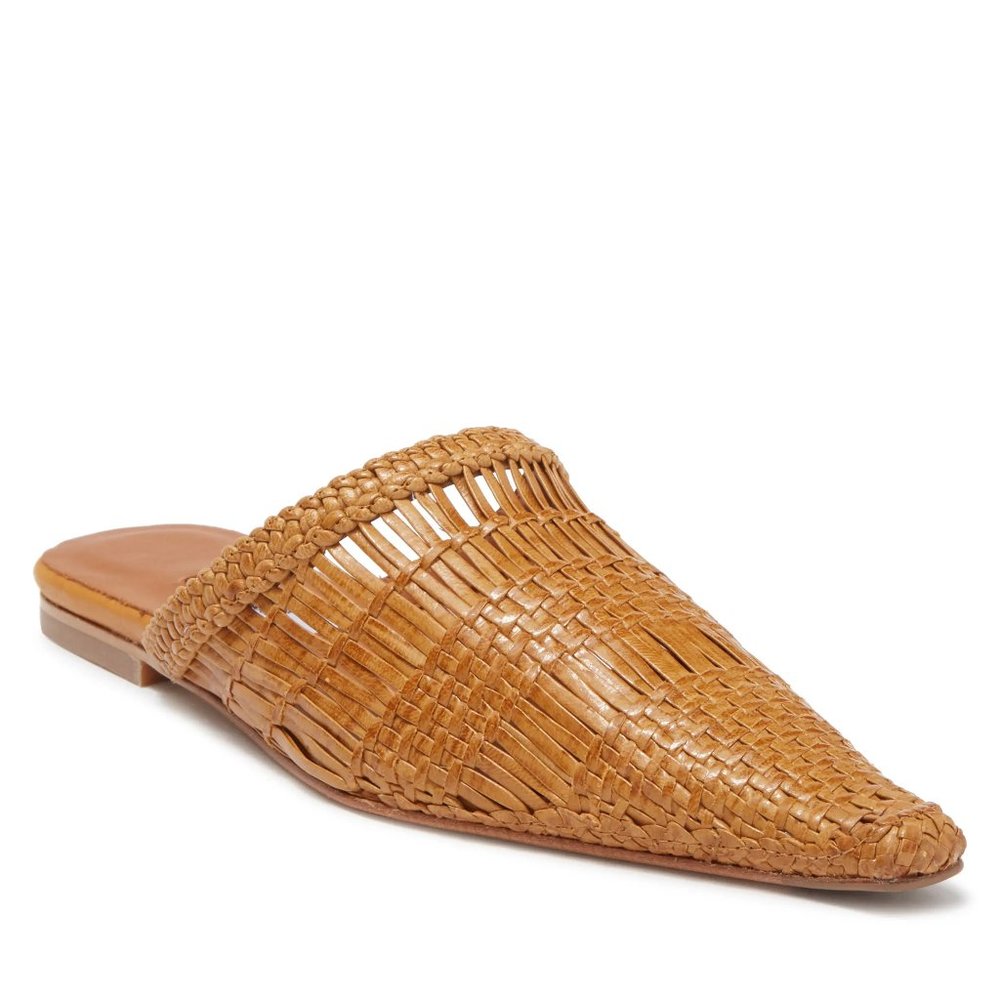 Miista Tan Woven Leather Pointed Toe Mule Flats